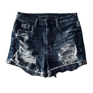 American Eagle Mom Shorts 6 (W28) Blue Distressed Holes Cuffed Denim Womens